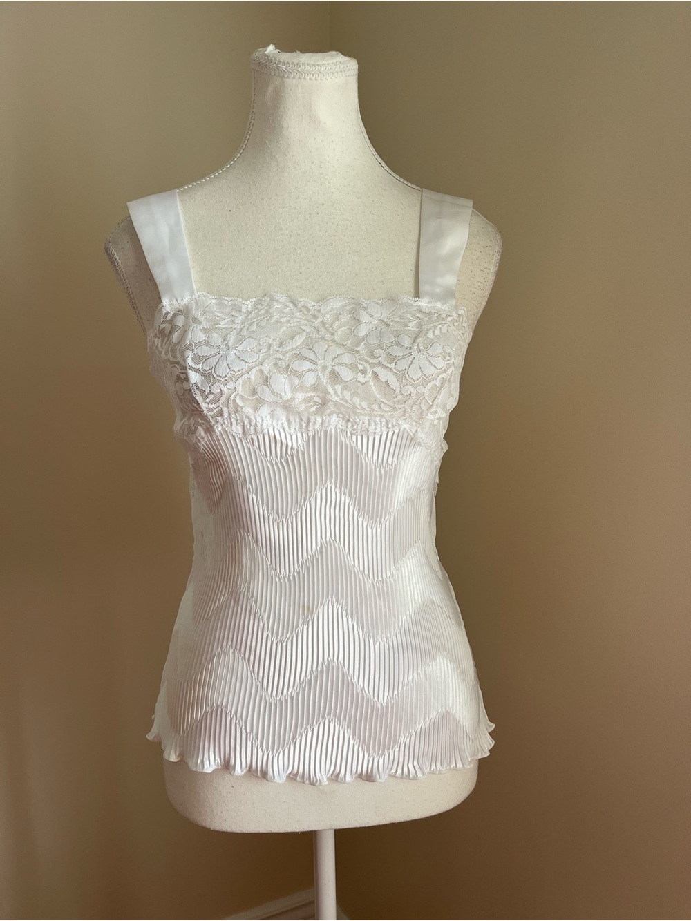 White Lace-Trim Satin Tank Top